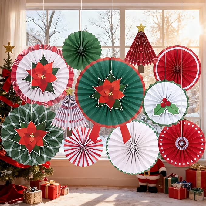 SUNBEAUTY 15PCS Christmas Hanging Paper Fan Decorations with Poinsettia Flowers Christmas Trees with Star Topper Red Green Christmas Wall Decor for Xmas Holiday Party Home Backdrop
