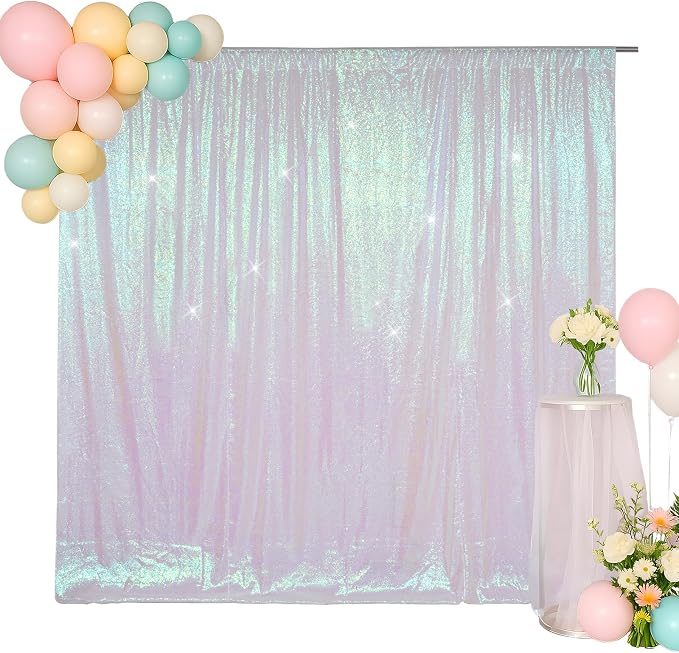 SquarePie 6x6ft Iridescent Sequin Backdrop for Photography, Satin-Backed Real Sequin Curtain, Enhanced Coverage Shimmering Background with 4" Rod Pocket for Wedding, Birthday, Party Decor, 1 Panel