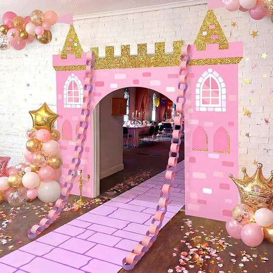 Frienda Princess Party Decorations Kit Pink Castle Backdrop Princess Door Cover with Rug 200 Purple and Pink Paper Chain Royal Kingdom Wall Fort for Renaissance Knight Castle Photo Props