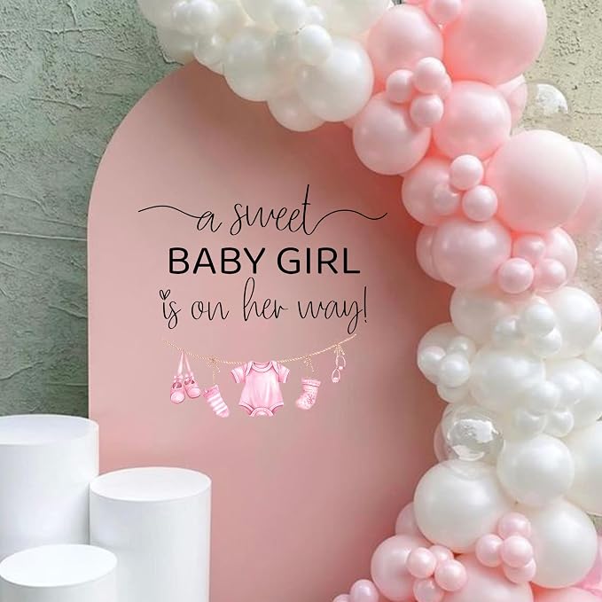 A Sweet Baby Girl is On Her Way Decal - Baby Girl Nursery Wall Decal, Pink Clothesline Design, Gender Reveal Party Decoration (Pink)