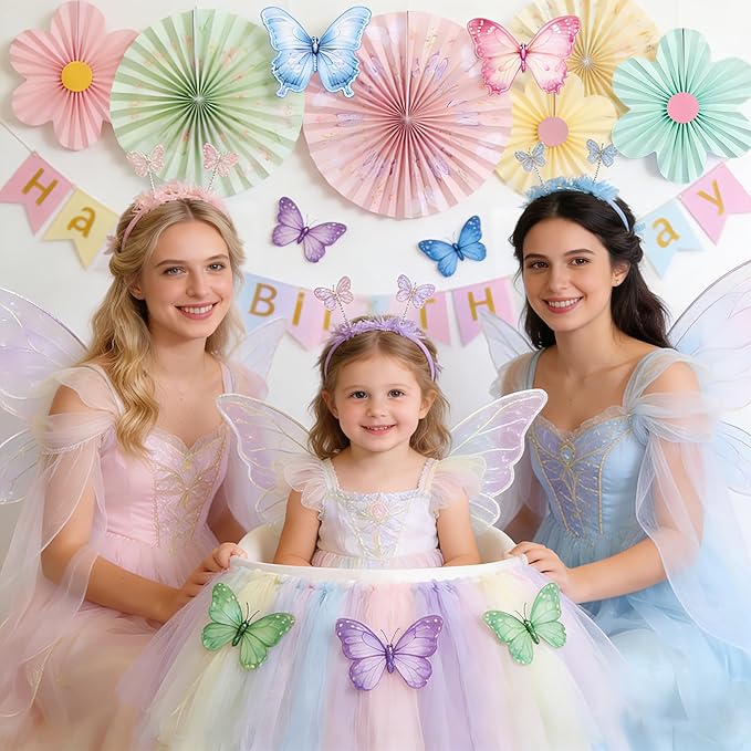 Butterfly Flower Paper Fan,Pastel Party Decoration for Garden,Spring Paper Fans Floral Decorations for Wall Hanging Flower Decor Fairy Birthday Decorations Garland Backdrop for Tea Party Baby Shower.