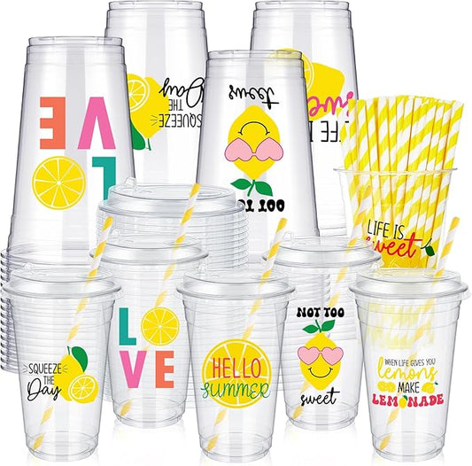 FoldTier 60 Set Lemon 20 oz Plastic Cups Bulk Disposable Clear Cups with Lids and Paper Straws for Yellow Lemon Party Birthday Supplies Summer Fruit Party Favor Decorations