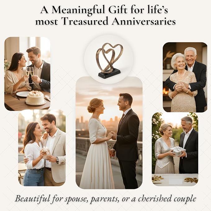 DCAPILLA Wedding Anniversary Couples Gift - Two Hearts and Cross Iron Sculpture, Heart Decoration Gift for Her and Him, 1st to 50th or 60th Anniversary, Includes Present Box and Poem Card