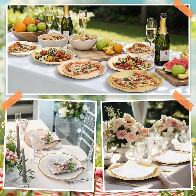 72 Pcs Champagne Gold Beige Paper Plates 9 Inch Rose Gold Gradient Scalloped Paper Disposable Dinner Dessert Plates for Birthday Wedding Bridal Party Supplies, 6 Colors
