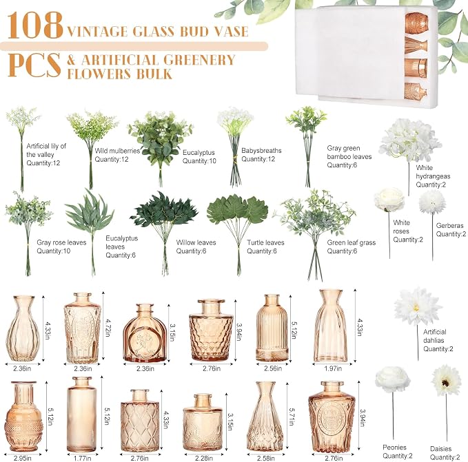 FoldTier 108 Pcs Artificial Flowers in Vase 96 Pcs Faux Greenery Stem Table Centerpiece Fake Plants Silk Roses Arrangement 12 Pcs Glass Vase Sets for Wedding Bathroom Home Dining Decor(Champagne)