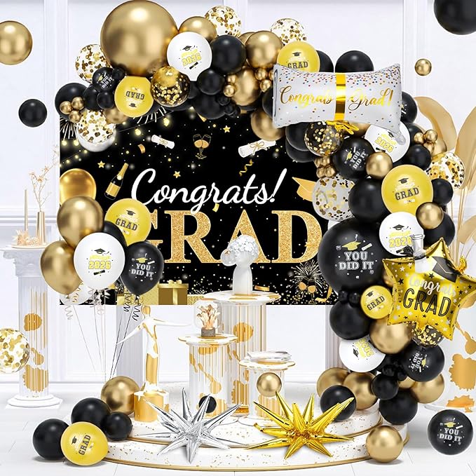 2026 Graduation Party Decorations Kit - 280 Pcs Black Gold Graduation Party Supplies Include Plates, Napkins,Cups, Straws,Tablecloth,Balloon Garland Congrats Grad Backdrop for 25 Guests