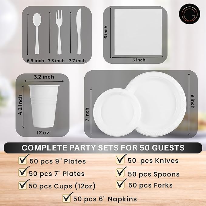 350 Piece WHITE Disposable Dinnerware Set 50 Guests, Plastic Party Plates And Cups And Napkins Sets - 50 Count 9" Dinner Plates, 7" Dessert Plates, 12oz Cups, Paper Napkins, Forks, Knives & Spoons