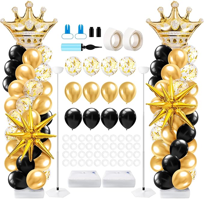 2 Sets Black and Gold Balloon Column Stand Kit with 2 Crown Foil Balloons Black and Gold Arch Garland Tower Stand with Bases for Floor for Prom Men Him Birthday Wedding Party Decorations