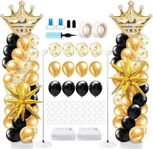 2 Sets Black and Gold Balloon Column Stand Kit with 2 Crown Foil Balloons Black and Gold Arch Garland Tower Stand with Bases for Floor for Prom Men Him Birthday Wedding Party Decorations