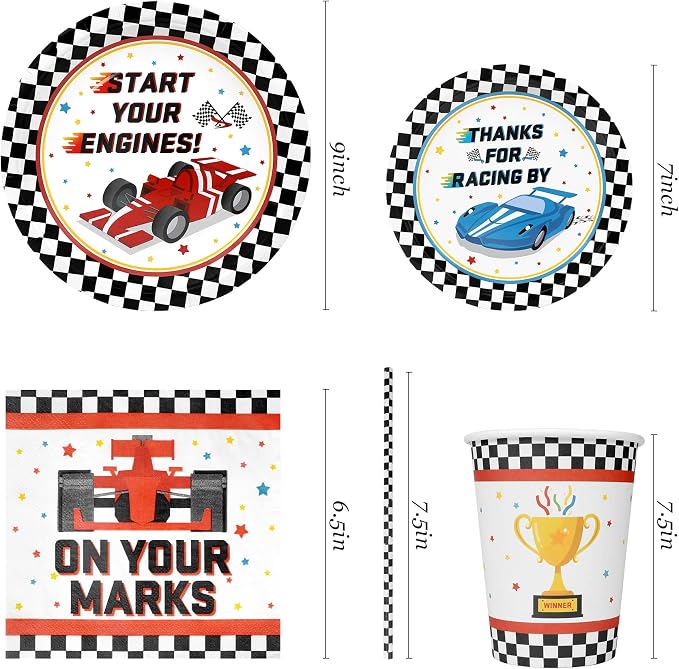 Recheel Racing Car Party Supplies Decorations, Checked Race Car Theme Birthday Paper Plates and Napkins Set with Cups and Straws for 24 Guests, 120 Pcs Disposable Party Dessert Dinnerwares