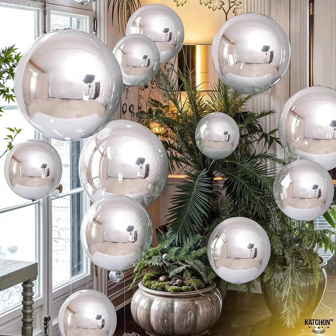 Metallic Silver Balloons - 22 Inch, Pack of 14 | 4D Round Foil Balloons for Silver Party Decorations | Silver Balloons For Birthday Decorations, Disco Party Decorations | KatchOn