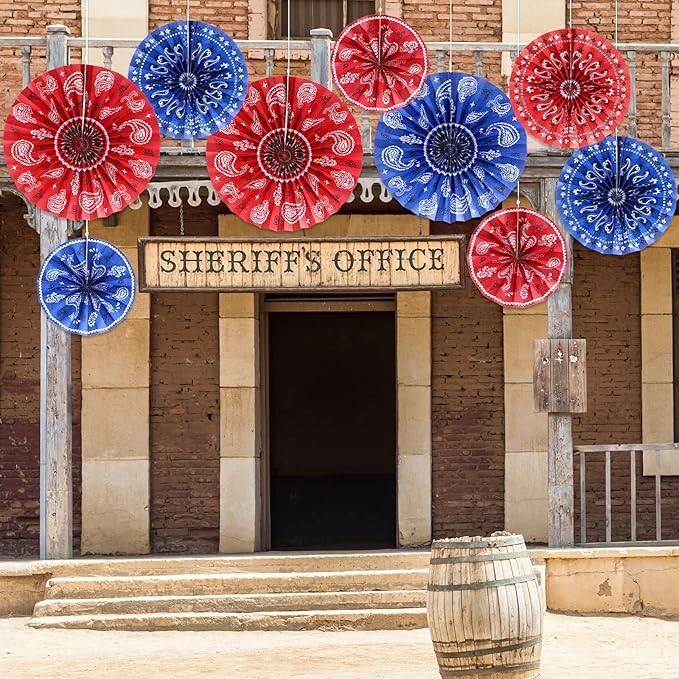 Outus 27 Pcs Western Party Decorations Paper Fans Wild West Bandana Hanging Paper Fans Ceiling Wall Garland for Western Cowboy Themed Party Decorations (Red/Blue)