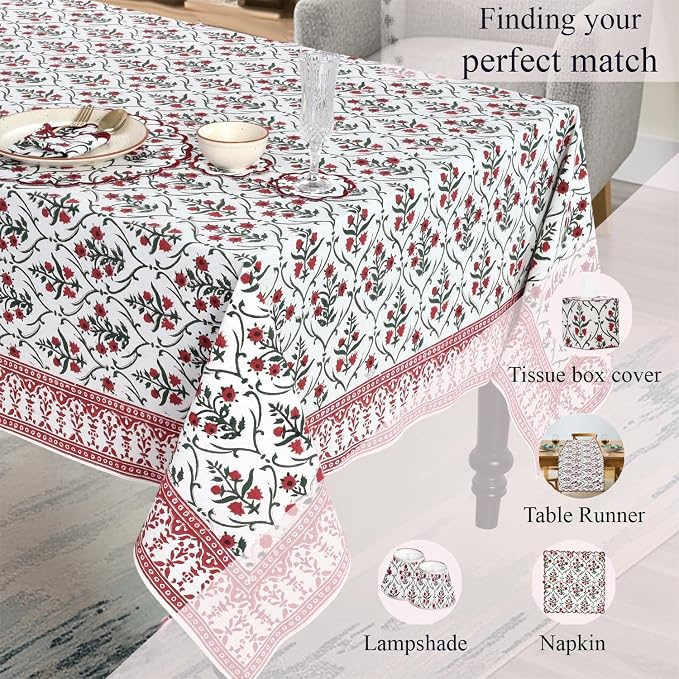 Ridhi Ruby Red Hand Block Print Cotton Rectangle Tablecloth 108" x 70" inches Reusable Table Cover Decorative Everyday Use for Dining Room, Farmhouse, Home Gift for Spring, Mother's Day
