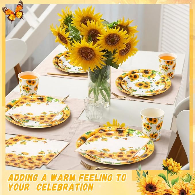 Ziliny 250 Pcs Sunflower Party Decorations Include Sunflower Paper Plates Napkins and Cups for Birthday Wedding Baby Shower Bridal Shower Tea Decorations, Serve 50 Guest