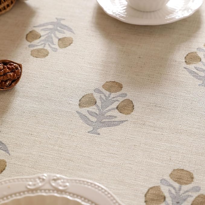 patdrea Vintage French Linen Tablecloth,Rectangular,87"x63"-Istana A | Heavyweight Elegant Table Cloth for Rectangle Table,Natural Floral Block Print,for Dining Room Tea Party Thanksgiving