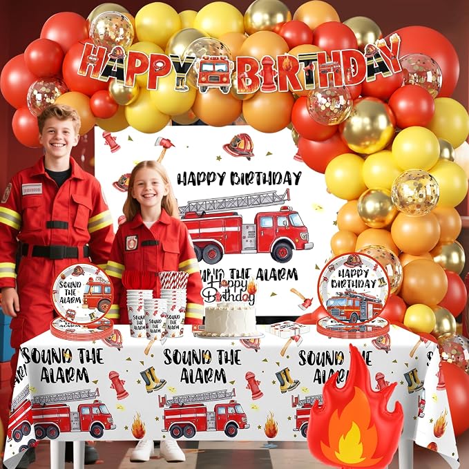234pcs Firetruck Birthday Decorations, All-in-one Set Includes 300gsm Paper Plates Waterproof Plastic Tablecloth and 105 Balloons, Fire Truck Birthday Decorations for Firefighter Party