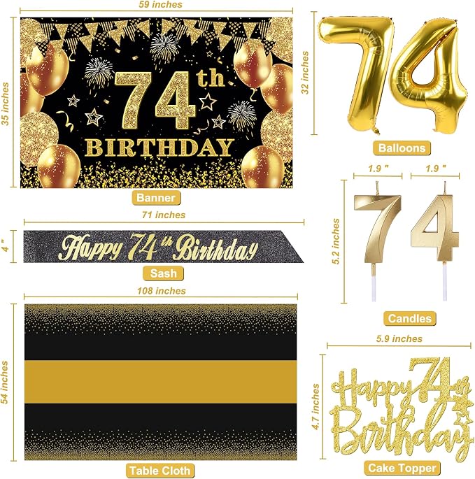 74th Birthday Decorations Men Women with 74th Birthday Banner, Black and Gold Table Cloth, Number Balloons, Large Sash, Cake Topper and Candles