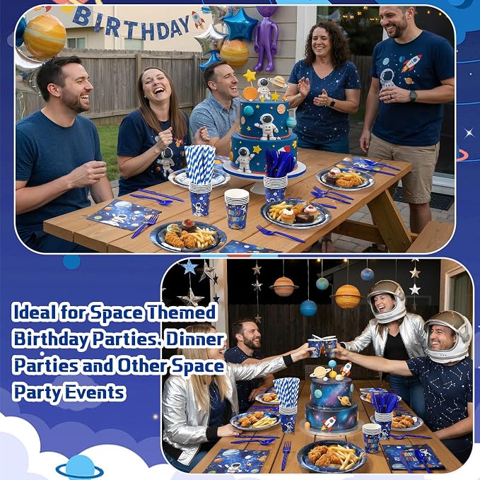 450 Pcs Space Birthday Tableware Set Decorations, Solar System Paper Plates Napkins Cups Cutlery Straws for Astronaut Theme Birthday Baby Shower Party Supplies, Serves 50