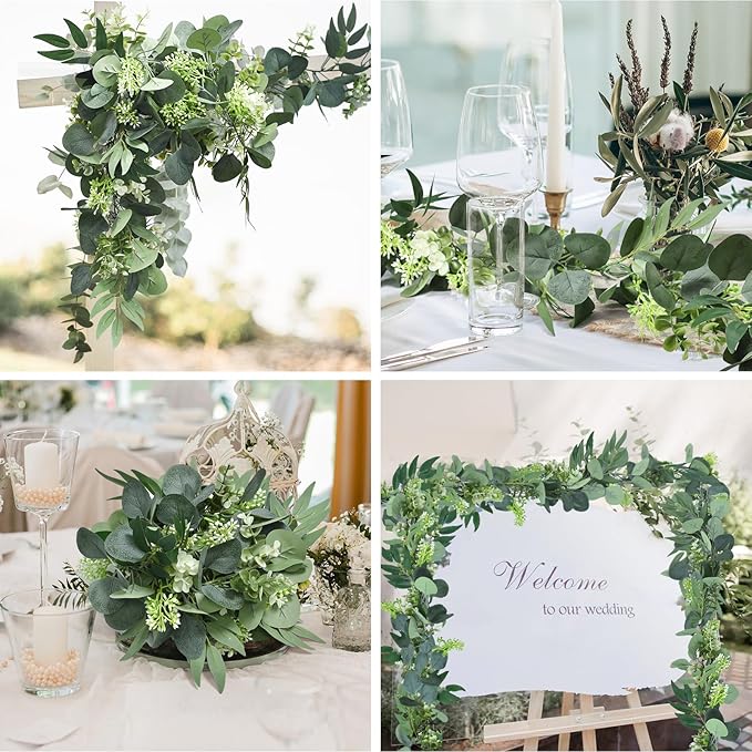 6Ft Eucalyptus Garland, Artificial lvy Greenery Vines with Flower Gypsophila Willow Leaves for Home Wedding Arch Party Table Runner Centerpiece Decor