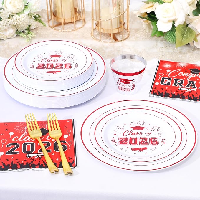 150 Pcs 2026 Graduation Plastic Plates with Disposable Silverware Serves 30 Guests, White Red Graduation Disposable Plates Including 30 Dinner&Dessert Plates, Cups, Napkins, Gold Forks for Party