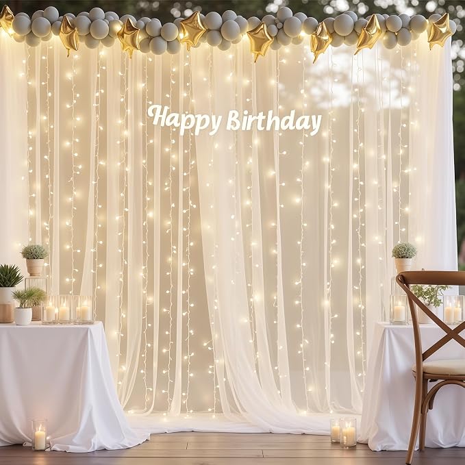 30x8ft White Sheer Backdrop Curtain with Lights String for Parites, Tulle Photo Backdrop Drapes with Lights for Wedding Backdrop Ceremony Reception Bridal Shower Baby Shower Birthday Party