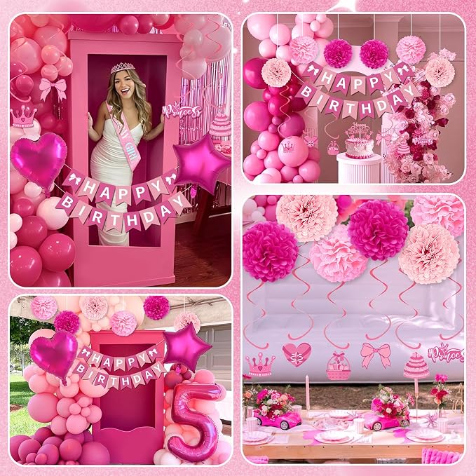 Hot Pink Birthday Decorations, Pink Party Decorations with Balloons Happy Birthday Banner Bday Sash Crown Tablecloth Fringe Curtain Hanging Swirl Heart Star Foil Balloons for Women Girls Bday Decor