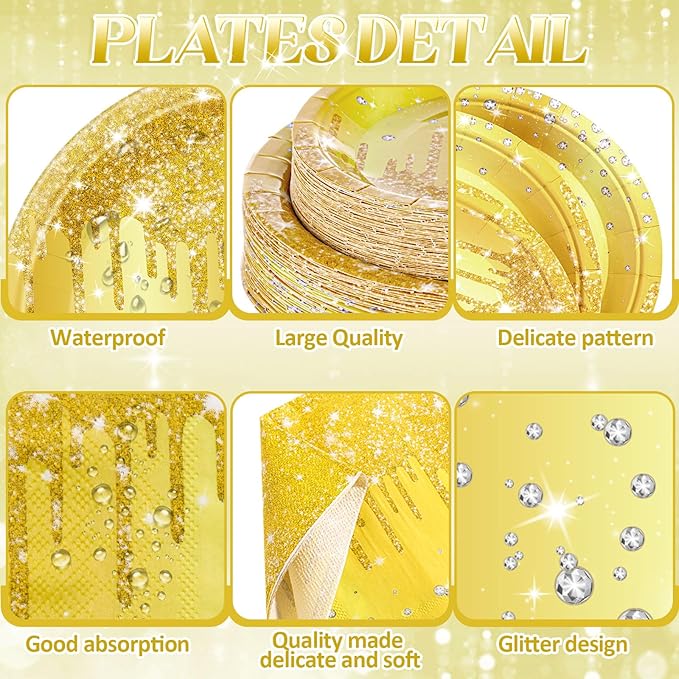 Funnymoom 452 Pcs Gold Birthday Party Decorations Include Golden Diamond Paper Plates and Napkins Cups Tablecloth Cutlery Straws Glitter Disposable Tableware for Birthday Anniversary Wedding