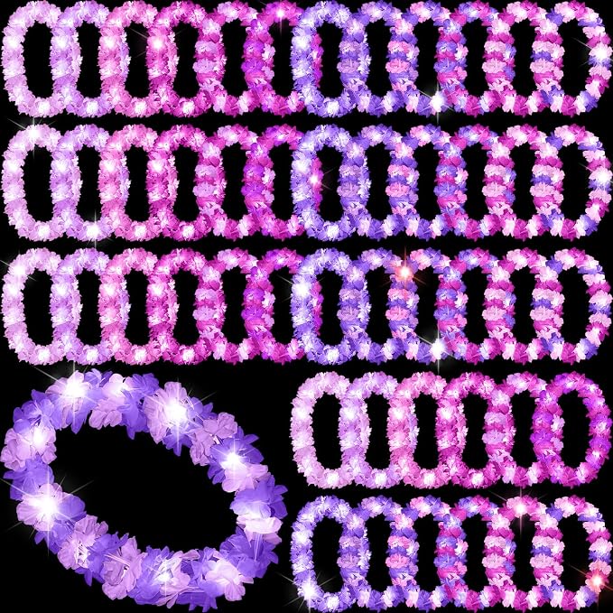 Sherr 48 Pcs LED Hawaiian Leis Light up Flower Leis Necklace with LED Lights Luau Flowers Necklaces for Masquerade Beach Wedding Tropical Themed Party Supplies(Various Purples)