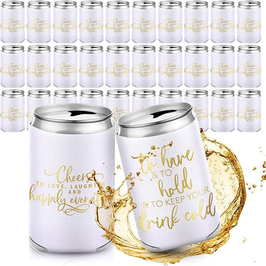 Qinyoung 50 Pieces White Wedding Can Cooler Sleeves Bulk Engagement Party Favors for Guests Beer Cooler Cheers to Love Laughter Happily Ever After Rehearsal Dinner Decorations for Wedding Bridal