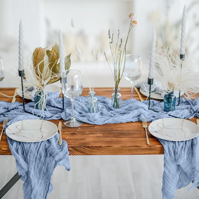 Cheesecloth Table Runner 8 Pack – 35x120 Inch (10ft) Boho Rustic Gauze Cloth Runners – Crinkle Polyester Table Decor for Wedding, Baby Shower, Bridal Shower, Birthday Party and More (Dusty Blue)