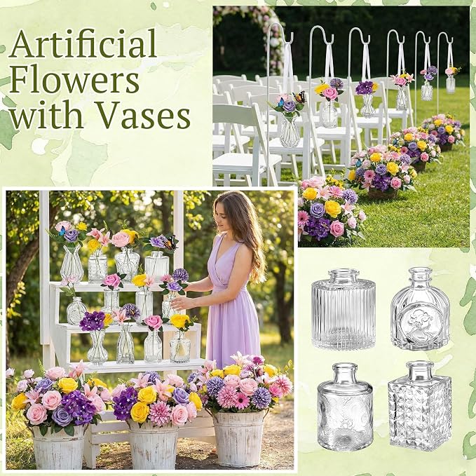 36 Pcs Artificial Flowers Table Centerpiece with Vases Colorful Wildflower Centerpieces Silk Flower Arrangement for Wedding Baby Shower Table Centerpieces Party(Elegant Grace,Clear)