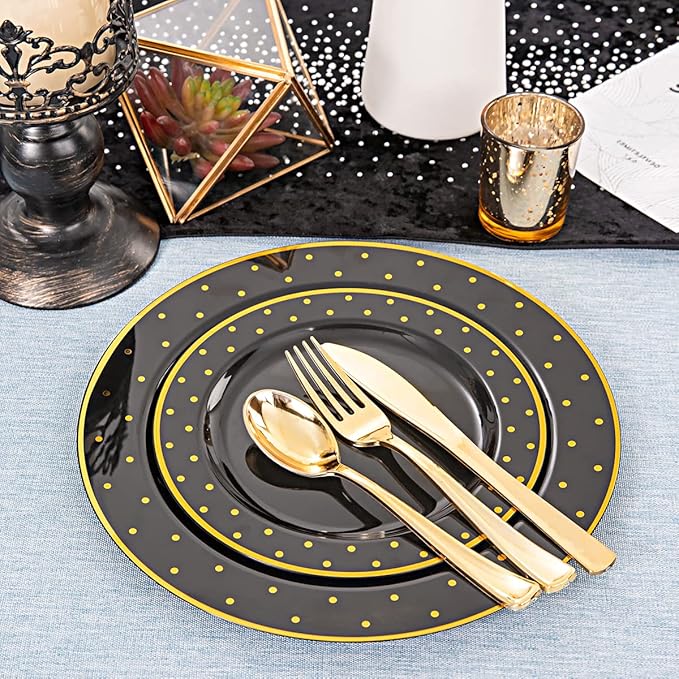 DaYammi 200Pcs Gold and Black Plastic Plates with Silverware,Black Disposable Plates for Party Black Gold Supplies Includes 40 Dinner Plate,40 Dessert Plate,40 Forks,40 Knives,40 Spoons for Party