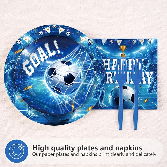 96Pcs Soccer Birthday Party Supplies Blue Soccer Plates and Napkins Sports Theme Tableware Set for Men Boys Sports Birthday Party Supplies, Serves 24