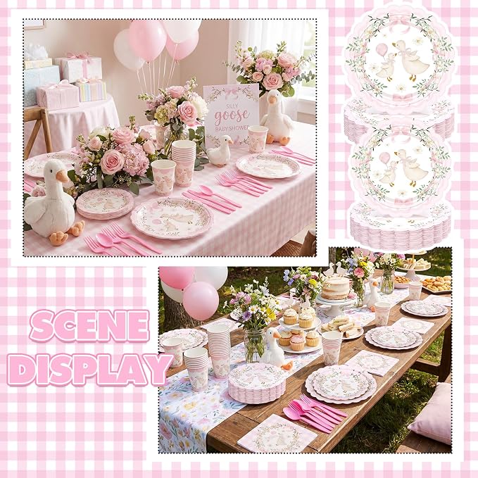 Zhehao 350 Pcs One Silly Goose Birthday Party Tableware Set Scalloped Pink Floral Baby Shower Plates Cup Napkins Forks for Birthday Party Decorations Supplies for 50 Guests