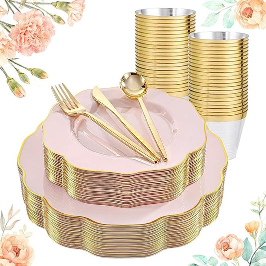 bUCLA 180PCS Pink Plastic Plates - Pink with Gold Rim Disposable for Party Include 30 Each (Dinner & Dessert) Plates, 30 Knives, 30 Forks, 30 Spoons, 30 Cups for Wedding, Birthday & Mother's Day