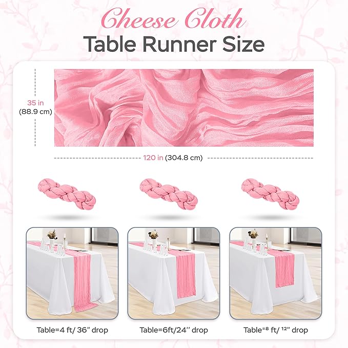 Cheesecloth Table Runner 8 Pack – 35x120 Inch (10ft) Boho Rustic Gauze Cloth Runners – Crinkle Polyester Table Decor for Wedding, Baby Shower, Bridal Shower, Birthday Party and More (Pink)