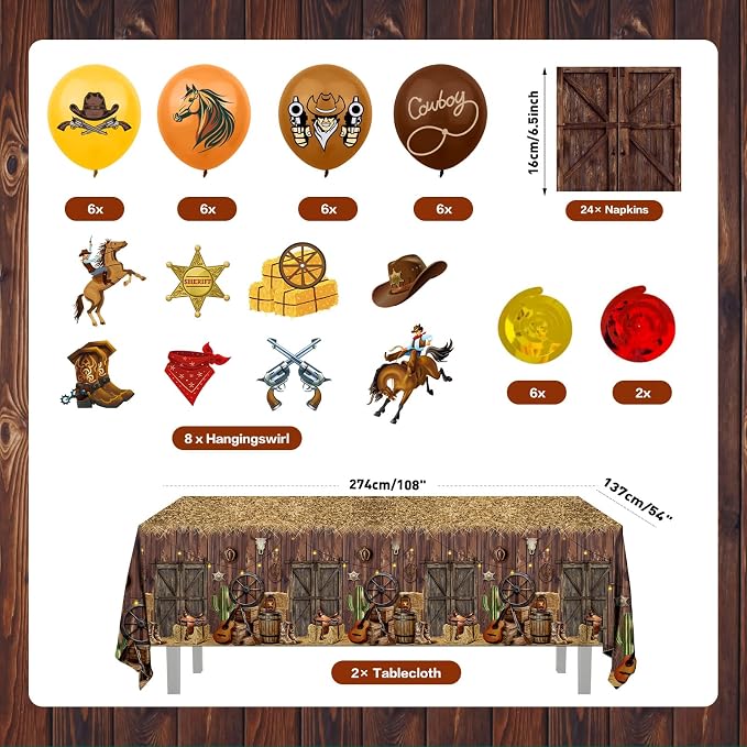 203pcs Western Cowboy Birthday Party Decorations Disposable Tableware Set Include Plates, Napkins, Cups, Cutlery, Balloon, Banner, Hanging Swirl, Tablecloth for Cowboy Birthday Decor Serve 24