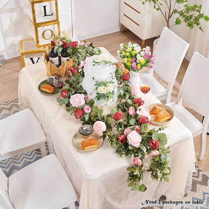 PONKING Flower Garland Artificial Rose Vine Flowers Hanging Fake Roses Vines for Wedding Birthday Party Valentines Christmas Room Wall Arch Decor, 2 Pink & 1 Red Floral Garland Decorations