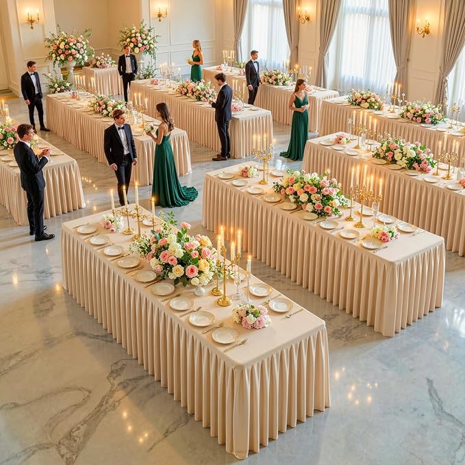 Dark Champagne Polyester Table Cloths for Rectangle 4 Foot Tables, 2 Pack Wrinkle Free Tablecloths Stretchy Banquet Ruffle Fitted Table Cover Desk Skirt for Parties Wedding Birthday Baby Shower