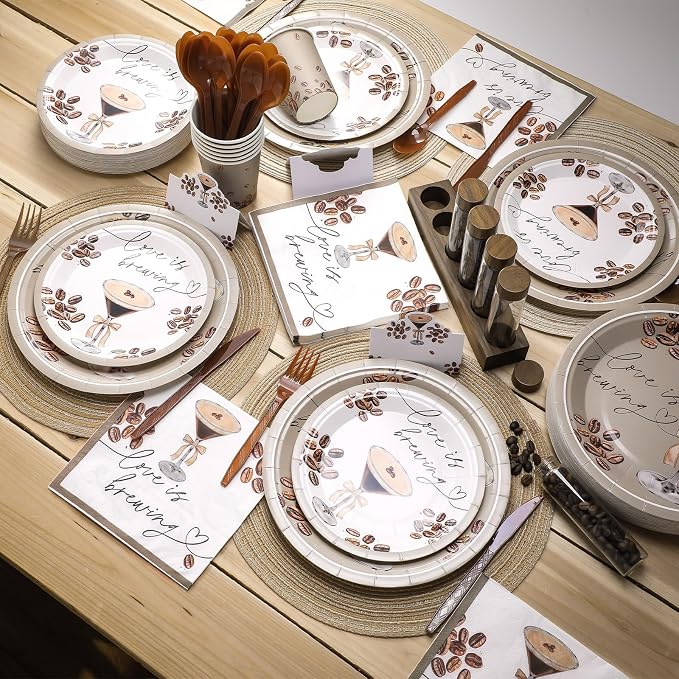 Shellwei 410 Pcs Love Is Brewing Coffee Bridal Shower Party Tableware Set Love Is Brewing Plates Napkins Cups Cutlery for Coffee Lovers Bachelorette Party Decorations Supplies for 50 Guests