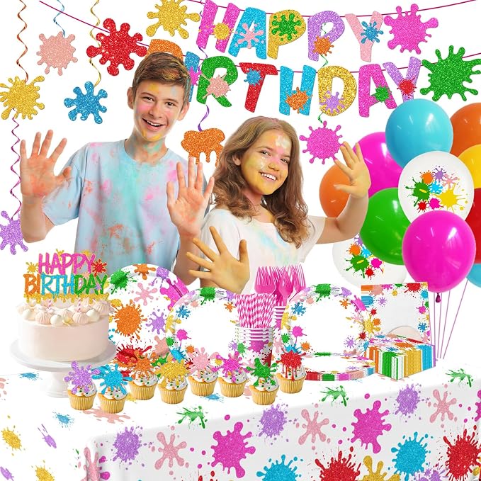 Paint Party Decorations 215Pcs Paint Splatter Party Supplies Art Party Decorations Plates,Napkins,Cups,Balloon,Cake Topper,Tablecloth for Art Painting Party Supplies Birthday Baby Shower Decorations