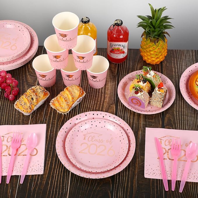 175pcs Class of 2026 Graduation Plates and Napkins Set, Disposable Paper Plate Set Polka Dots Plates Napkins Cups Knife Fork Spoon for Graduation Party Decorations and Supplies,Serve 25 (Pink）