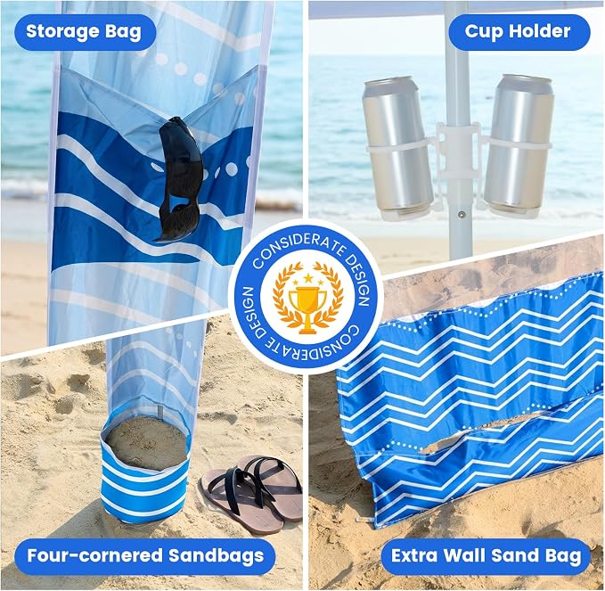 Zeraty Beach Cabana 8'×8', Portable Beach Canopy with Side Wall, UPF 50+ Silver-Coated B Each Tent Sun Shelter Easy Pop Up, Wind Resistant Adjustable Height B Each Umbrella Tent for Family, Boho Blue