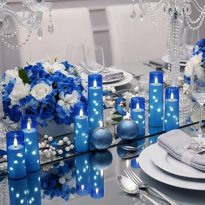 Raycare Independence Day Flameless Candle with Remote Timer – 9 Flickering Acrylic Battery Operated LED Pillar Candles with Embedded Star String for 4th of July Home Patriotic Decor, as a Gift (Blue)
