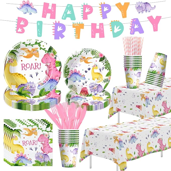Srua Don Dinosaur Birthday Party Supplies Girl - Pink Dinosaur Party Decorations Tableware for Birthday Baby Shower, Paper Plate, Cup, Napkins, Tablecloth, Cutlery, Banner | Serves 24