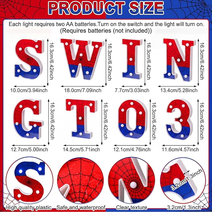 Honoson 13 Pcs Spider Theme 3rd Birthday Decorations Swinging into 3 LED Letter Lights Sign Red Blue Spider Theme Table Lights Decoration for 3 Years Birthday Party Supplies