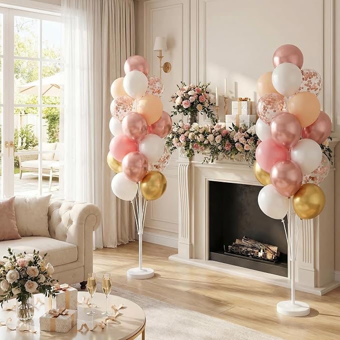 Set of 2 Balloon Column Kit with Nude&Pastel Pink&Metallic Gold White Balloons, Base and Pole - DIY Balloon Tower Stand for Party Decorations, Wedding Backdrop, Birthday, Bridal Shower