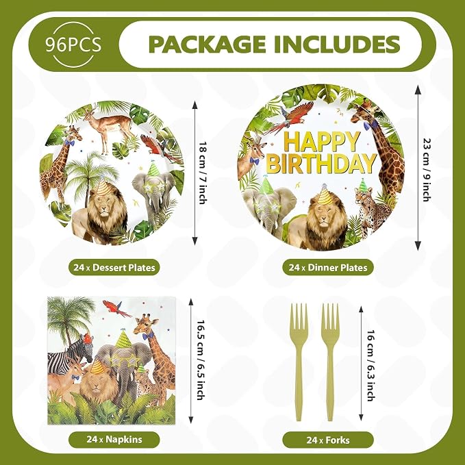 96Pcs African Safari Birthday Decorations Jungle Theme Plates Forks and Napkins Wild Animals Disposable Paper Plates for Jungle Zoo Lion Birthday Party Supplies Serves 24