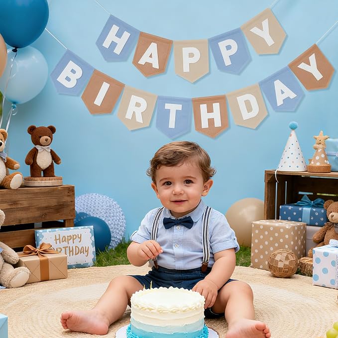 Felt Blue Khaki Happy Birthday Banner Birthday Decorations for Women Girls Boys Men Pets Handmade Party Backdrop
