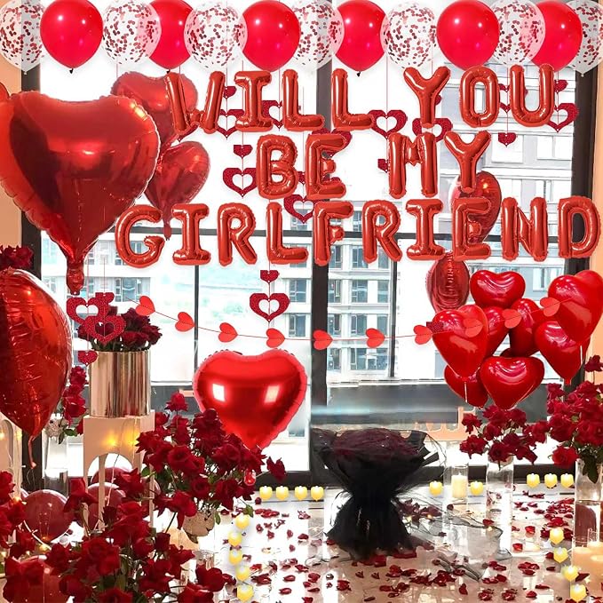 Red Will You Be My Girlfriend Balloons - 2000pcs Red Artificial Rose Petals 48pcs Flameless LED Candle Tealight 21pcs Letter Balloons 18" Heart Balloon Latex Balloon for Valentines Day Decorations